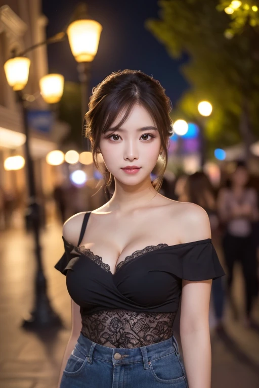 Beautiful sensual and erotic woman with a curvy body, long full black hair, bangs, loose bun, widest waist, thicc, beautiful fitting breasts, curvy accentuated booty, olive green eyes, detailed sparkling eyes, long eyelashes, sensual smile, thick thighs, Strong calves, taniaayusiregar, It is night, it is raining, people are not recognizable, she stands and waits at a busy Restaurant, smiles uncertainly to the camera, She wears a elegant evening dress, dress is colored burgundy, photorealistic, Masterpiece, bokeh, Volumetric lighting, low light, sensual atmosphere, close up shot, picture is shot from the front, full body view, wearing a sneakers, fat belly 