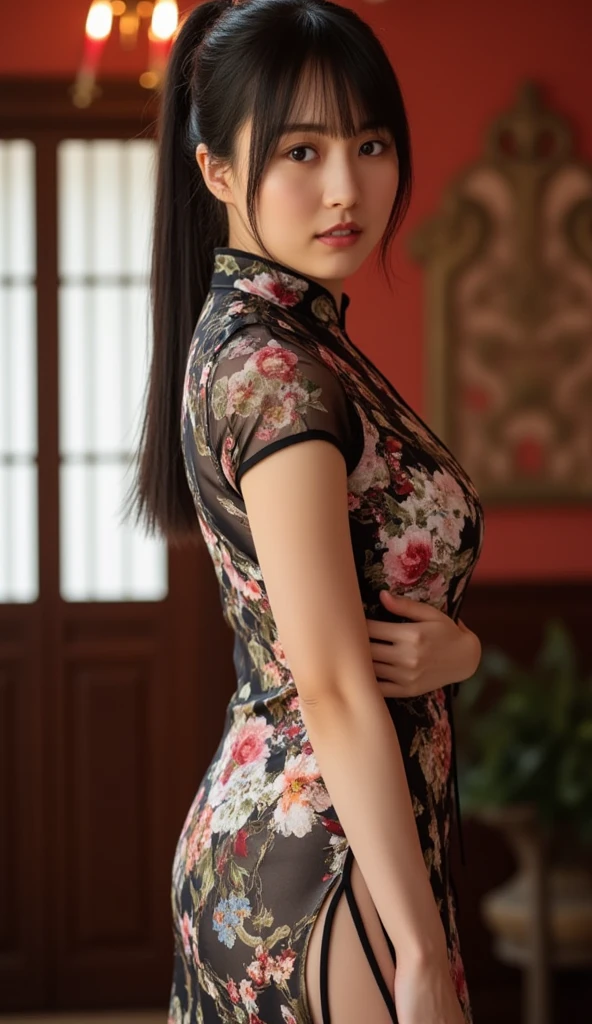 (top-quality、超A high resolution、masterpiece:1.3), Midhair with bangs, Detailed moisturized eyes, Textured skin, Best Quality, in 8K, blurry backround, (Colossal tits, long legged, Legs exposed through the slit), Natural Color Lip, ssmile, Woman with perfect style, You're in a high-traffic area, (Girl in cheongsam)