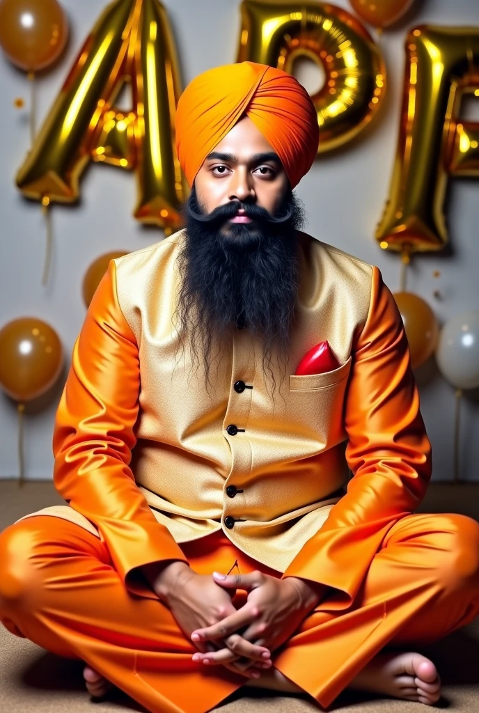 Generate 25 years old Punjabi Sardar Ji named Guru wearing yellow Pagdi on his head white jacket with brown pant and black Mose huge belly 3D pixar Disney style