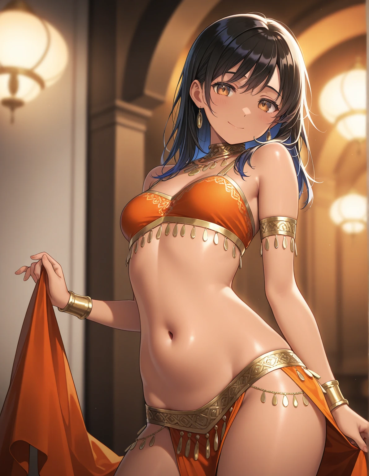 (kinako_(shiratama_mochi) style, eishin_flash_\umamusume\), ((topless)), horse ear, horse tail, nsfw, masterpiece, sarong, gold skirt, solo, 1 girl, nipplples, nave breasts, bare stomal body, indian hairddress, outdoors, palace, morocco, casa blanca, collarbones, slim waist, black hair, short hair, detailed eyes, beautiful eyes, blue eyes, necklace, gold bracelet, gold cutouts, jewelries, goddess, mouth veil, dancing, cowboy shot, party, blurred people on bound, date palm trees, night, gold lights, moonlight, watching crowd, smiling, sweaty body, large nipples