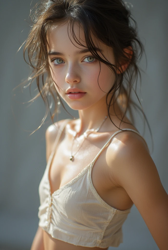 (cute tween fashion model:1.5), close-up on the background, 【focus on upper body, natural light,  tomboy, skinny, thin,  slim, Tilt, slender, Attractive, poses to take pictures, very short hair,  Gold, blue eyes, natural lighting,  under the arm, thin waist, thin hips, Perfect Lips, Fat Lower Lips , likeい, like々like, , age, Big Breasts , big  on the floor, grey background, tight crop top, Tiny Shorts Near MM, abs