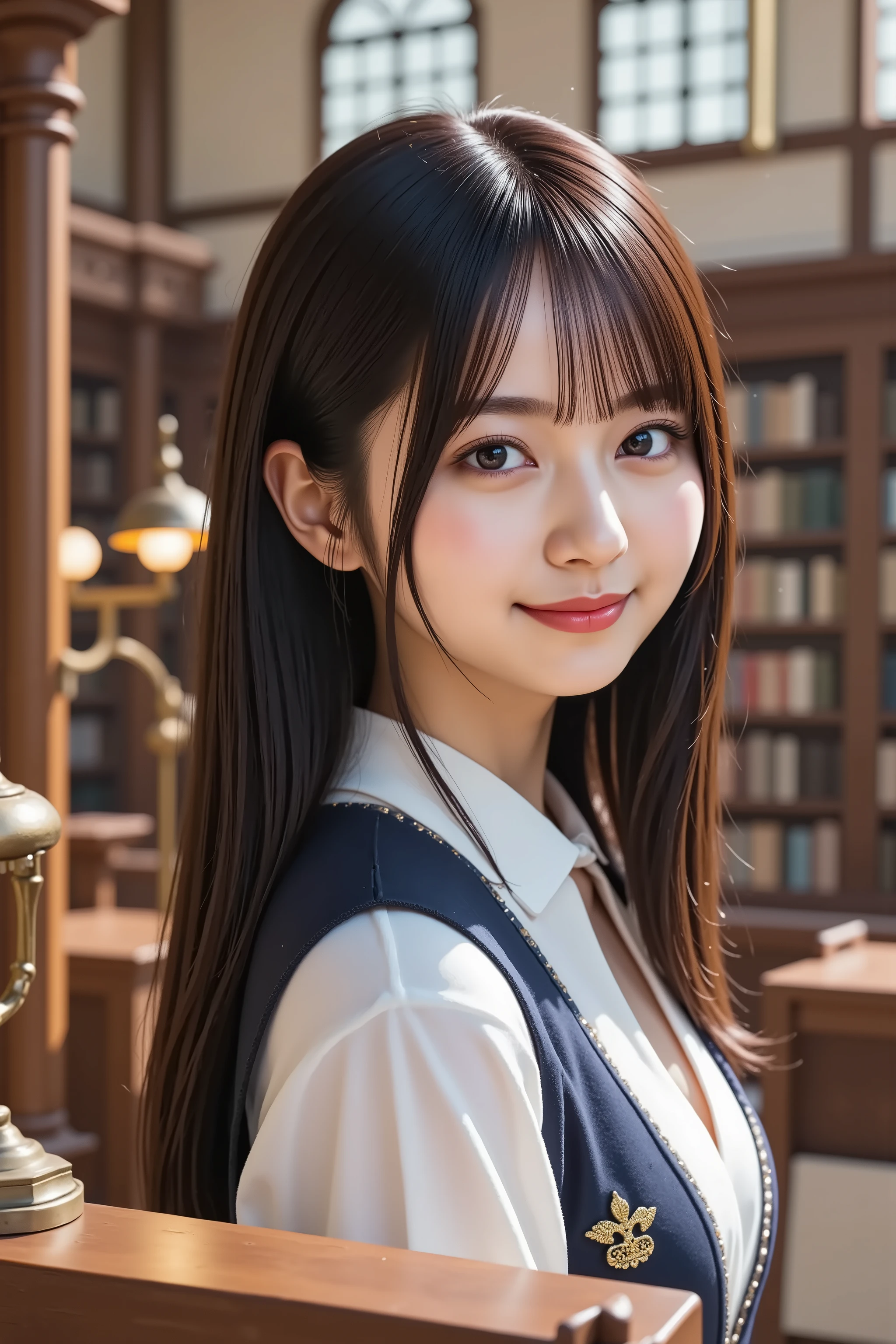 Big breast, A medium close-up shot, ultra-realistic digital illustration of a beautiful young Asian woman in a grand library. She has long, straight, silky black hair with soft bangs framing her delicate face. Her radiant skin has a natural blush, complementing her warm smile. Her large, expressive dark brown eyes are framed by long lashes, conveying intelligence and kindness. Her well-groomed eyebrows have a gentle arch, and her full lips, naturally pink, are slightly parted in a welcoming smile.

She is dressed in a classic librarian outfit: a crisp white blouse with a high-collared neckline and a fitted navy-blue vest with subtle embroidery. A small golden name tag is pinned to her vest, and delicate reading. In her hands, she holds a large, leather-bound book, as if about to return it to a shelf or assist a visitor.

The background showcases a grand, warmly lit library, featuring towering wooden bookshelves filled with countless books. Soft natural light streams through large arched windows, illuminating the elegant atmosphere. Antique brass reading lamps cast a golden glow onto the polished wooden surfaces, enhancing the refined setting.

The composition is balanced, with the subject centrally framed, ensuring a clear view of her upper body and attire while allowing the library's ambiance to be visible. The image is rendered in stunning 8K resolution, capturing every intricate detail with lifelike clarity.