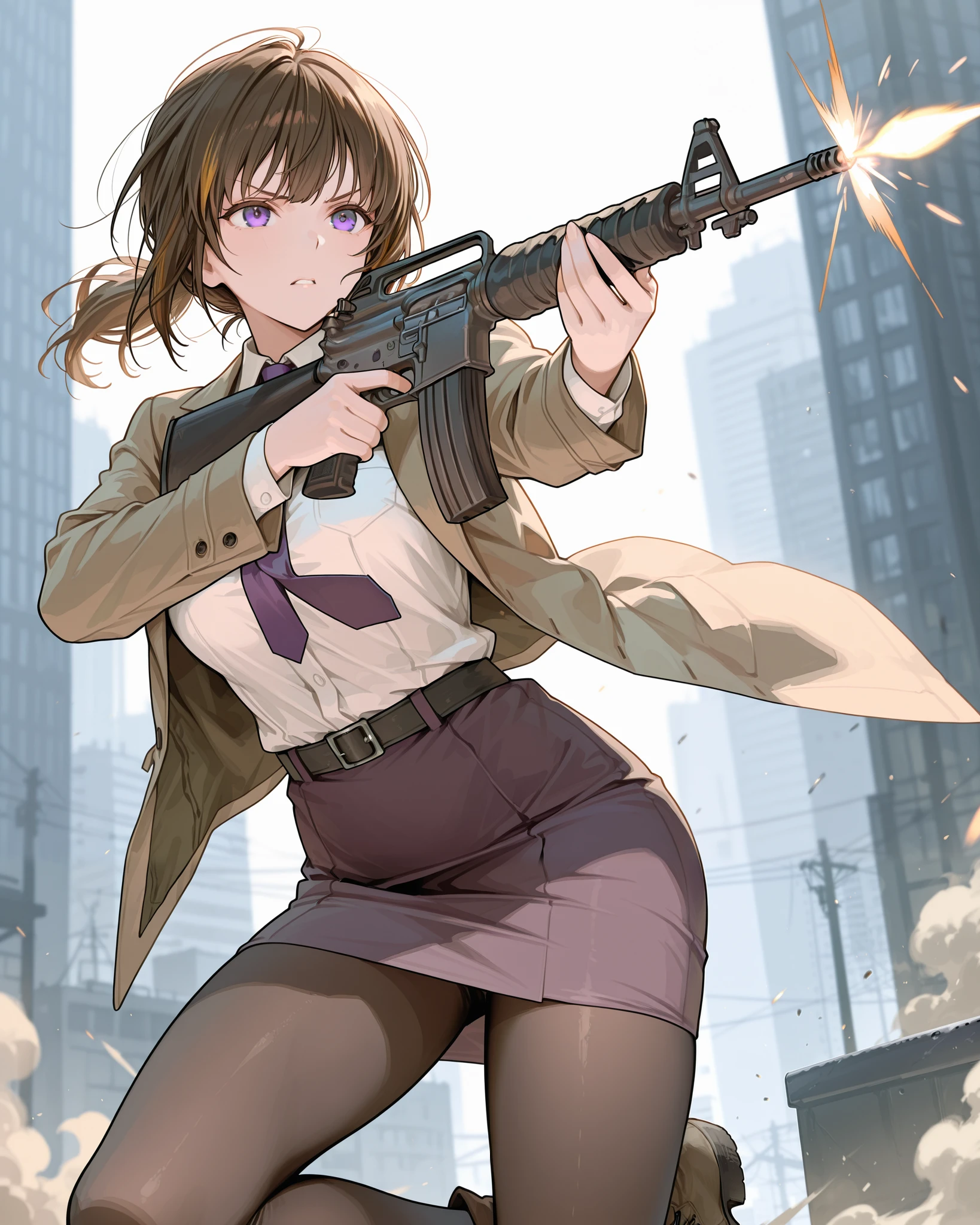 masterpiece, best quality, highres, 1girl, (aiming and firing rifle, finger on trigger, gun, holding m16, m16a2, holding, weapon, holding gun, holding weapon), brown hair, short hair, ponytail, open suit jacket, white shirt, miniskirt, pantyhose, purple pencil skirt, solo, purple eyes, dynamic action stance, grim expression, city backdrop, brown ankle boots, brown jacket, purple necktie, belt, cowboy shot, fix hands
