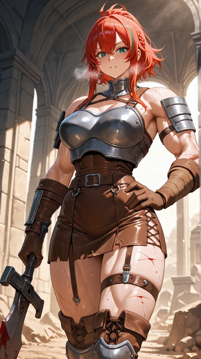 full body, female slave barefoot, Solo, female, (red skin), fantasy village, muscular, armor, slave outfit, armor, slave, bracers, shackles, choker
