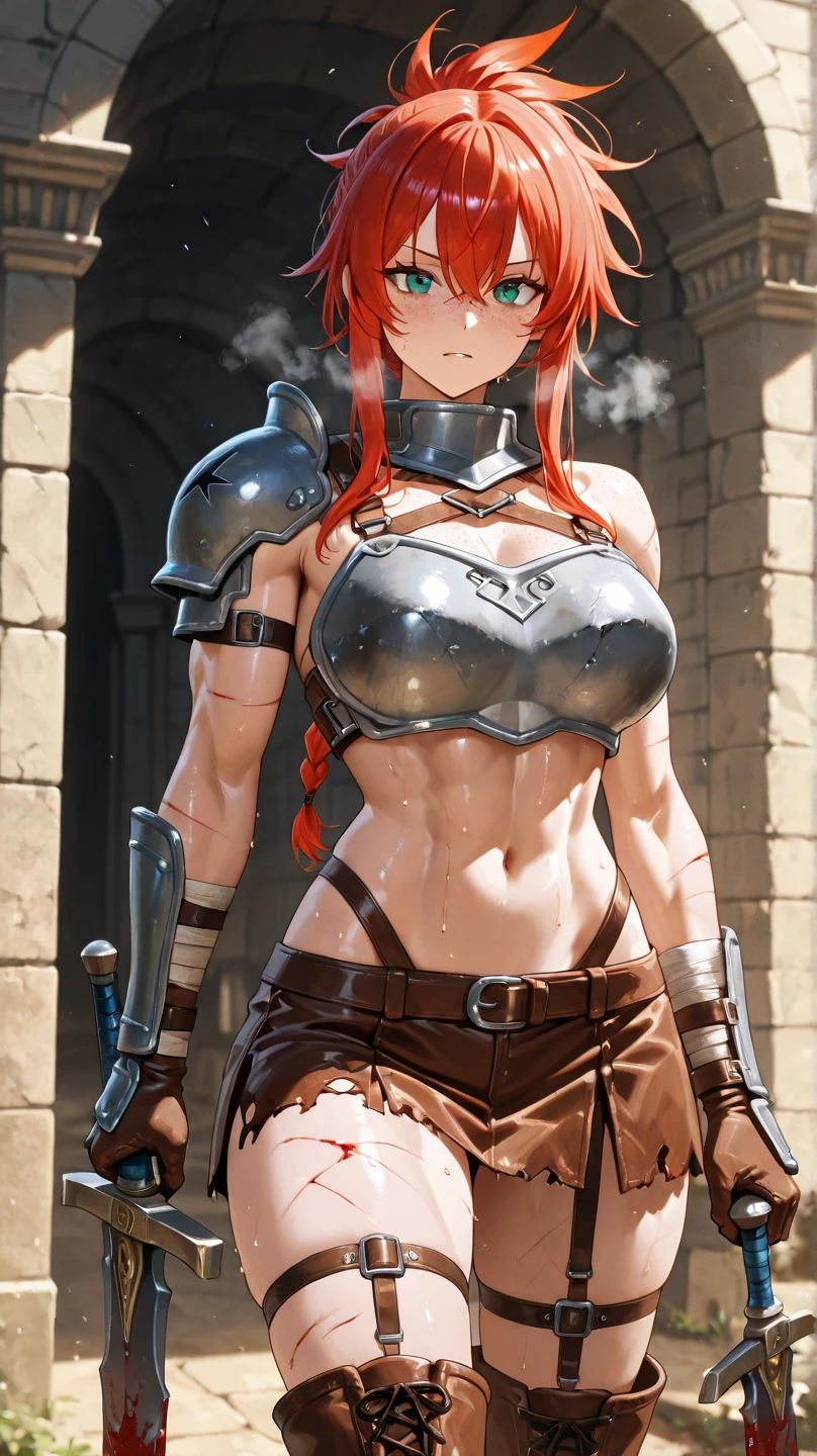 A magnificent woman, dressed in a skimpy warrior outfit, stands before an ancient castle. her navel peeks out from the low-cut design of her armor, adding to her allure. in one hand, she grips a spear, its metallic surface reflecting the dynamic lighting that bathes the scene in sharp focus. The sunlight filters through the air, casting intricate shadows that dance across her narrow waist and the smooth, red fabric of her garment. The highly detailed texture of her armor is evident, each line and crease defined in the smooth light, emphasizing her toned physique and creating a sense of depth and realism. The spear, in turn, catches the sunlight, its metal