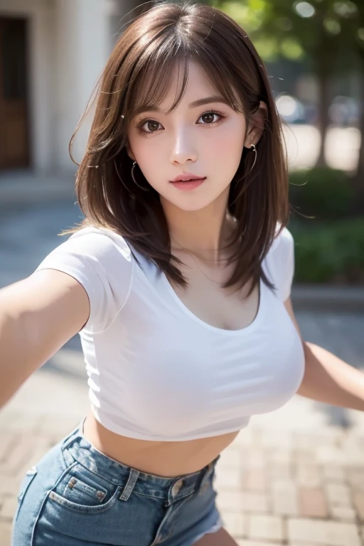 one girl, (beautiful girl, delicate girl:1.3),
break, camisole, bare shoulders, cleavage, crop top, cutoffs, denim shorts, midriff, short shorts, spaghetti strap,
break, (street:1.2),
break, very fine eyes, (symmetrical eyes:1.3),
break, small breasts, brown eyes, parted bangs, brown hair, (upper teeth, best smile:0.2),
break, (Eye and face details:1.0),
break, (masterpiece, highest quality, super detailed, detailed face, 8K),blush, smile,leaning forward,wariza,composition from above,upward glance