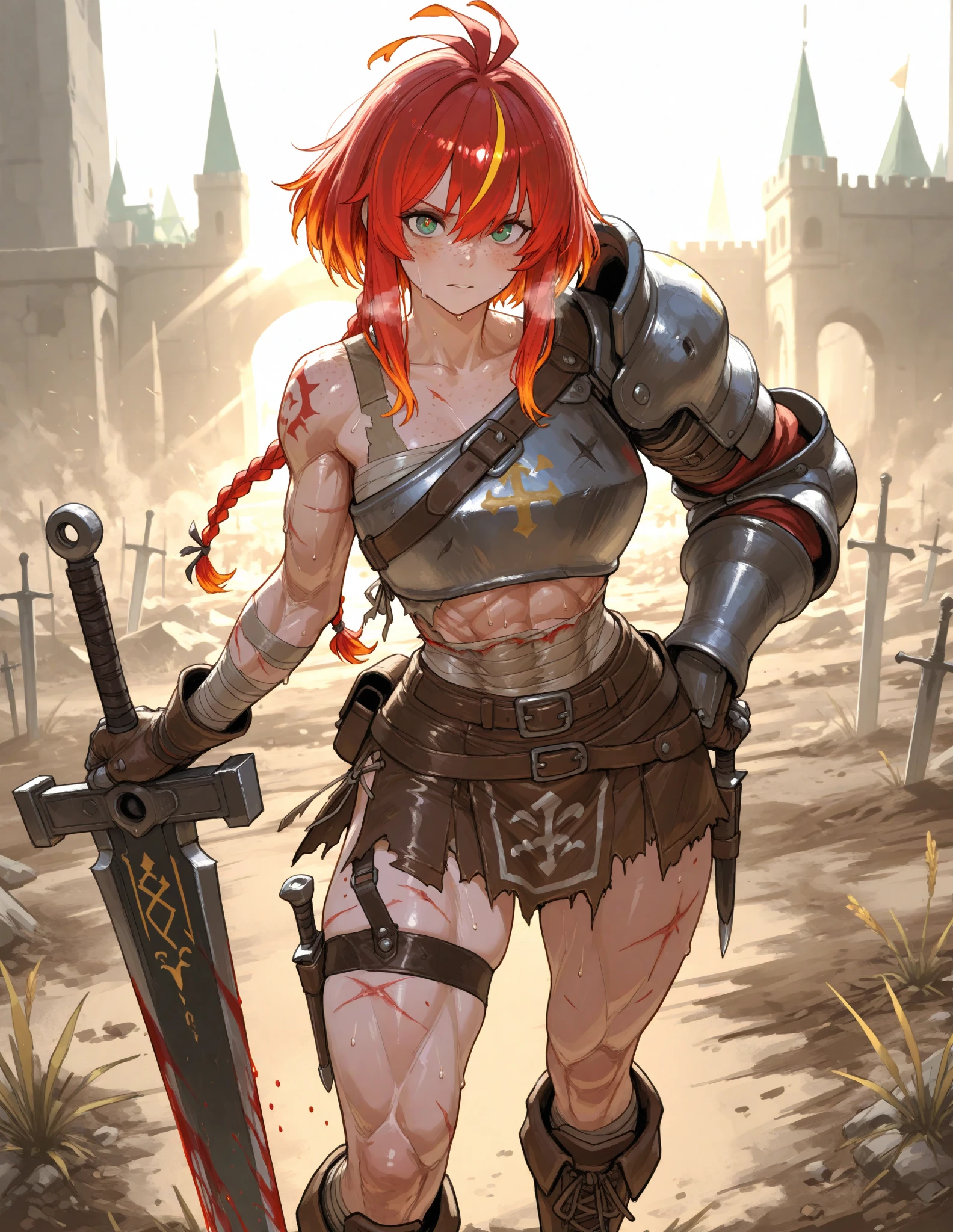((Simon Bisley)), Beautiful full-bodied woman, 30 years old, muscular and perfect body, ((back)), red-haired Spartan warrior with little clothing, tiny white thong, metal bra with spikes, tribal tattoo, arm covered by a metallic gladiator armor, large breasts, generous neckline, holding a bloodstained sword, brave face, dark kingdom, sexy pose, Walking in a Roman arena
