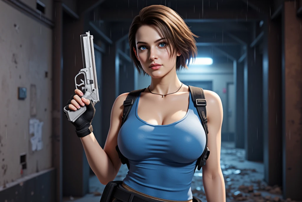 young jill valentine, police clothing, metro, zombie,  bright eyes,  dynamic pose,, octane render, unreal engine, 8k uhd, raytracing, bokeh, sweat skin, fitnes detail body, medium tits, masterpiece, artstation
