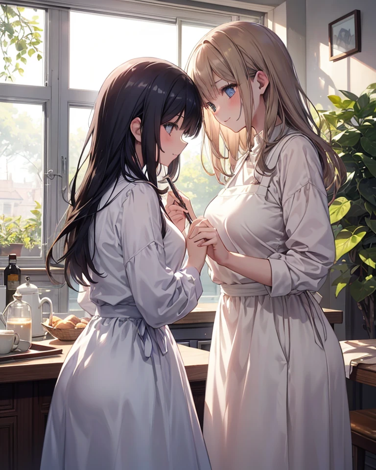 (Masterpiece:1.3),(Best Picture:1.4),(high resolution:1.5), High resolution,high resolution,8K,（Two Women）,Standard Styles,（The blonde woman shyly lifts her dress to show her underwear to the brunette woman、The black-haired woman is curious about the blonde woman&#39;s belly button々、Sweating around the navel）