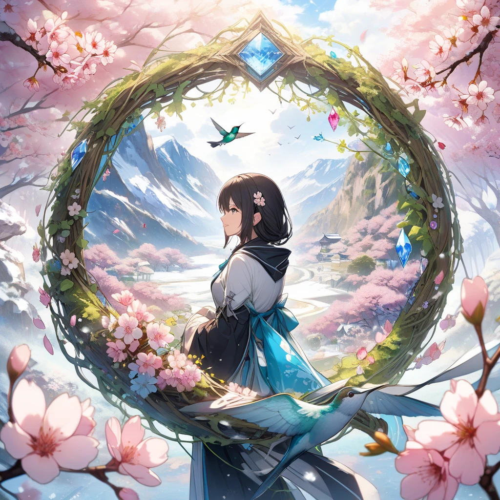 highres, absurdres, masterpiece, high quality, highly detailed, scenery of a mountain range, forest, nature, river AND 1girl, flowers and petals, beautiful concept illustration, looking out over a large forest in the background, from behind <lora:towerOfFantasyLan_10:.1>