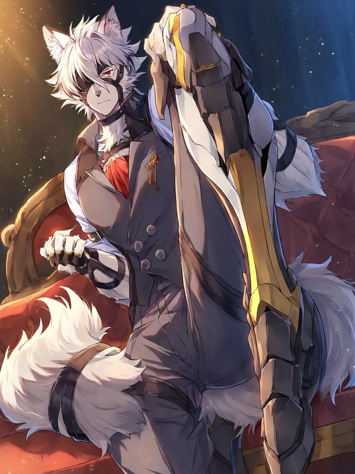 (Best image quality), (masterpiece), ((The only person)),(Super detailed), ()(Fluffy tail)(The furry sensation of animal ears,White),(Catwoman),(Red eyes),(Lolita costume),( Sweat on the body),(White silk lace),(Exposed skin area),(Expression)(White hair)