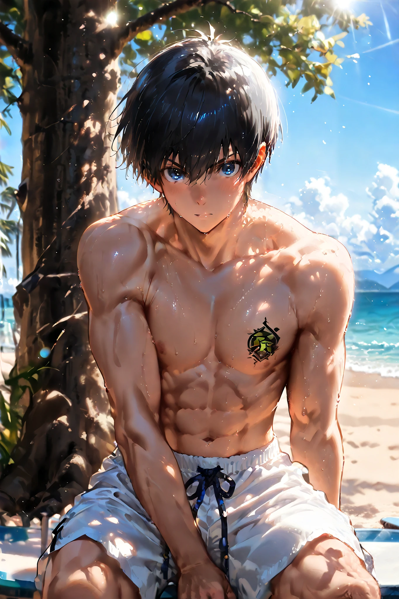 Isagi yoichi, (8k, HD), 1 boy, (masterpiece, best quality, absurdres, highres), black hair, amazing quality, very aesthetic, close view, perfect eyes, perfect face, volumetric lighting, sunlight falling on him, holding surf board in hand, sitting aside a tree, sand, looking at viewer, digital art style, drawn aesthetic, full body, concept painting, ultrahigh definition, score_9, score_8, score_7_, Masterpiece, Best quality, (masterpiece), (highest quality), (very detailed), (the best shape), (best shadows), (absurd), (so beautiful), beautiful eyes in every detail, unusual, 8k, 32K, high resolution, very detailed e CG, score_9, score_8_high, score_7_high quality, 1 boy, /Quality, masterpiece, best quality, source_anime, anime coloring, countershading, light particles, aesthetics light, intricately detailed illustration, yaoi, //Character, BREAK, 1boy, male, male focus, solo, Nagi, white hair, black eyes, masculine, bright skin, male, white summer shorts, shirtless, upper body, looking at viewer, at beach, sea behind him, sparing season, sunny day, scorching sunlight, hot day, sunlight falling on him,shirtless , muscular, lazy//Quality, BREAK, intricately detailed illustration, masterpiece, best quality, amazing quality, very aesthetic, high resolution, ultra-detailed, absurd res, newest, scenery, volumetric lighting,blue eyes,hair between eyes
