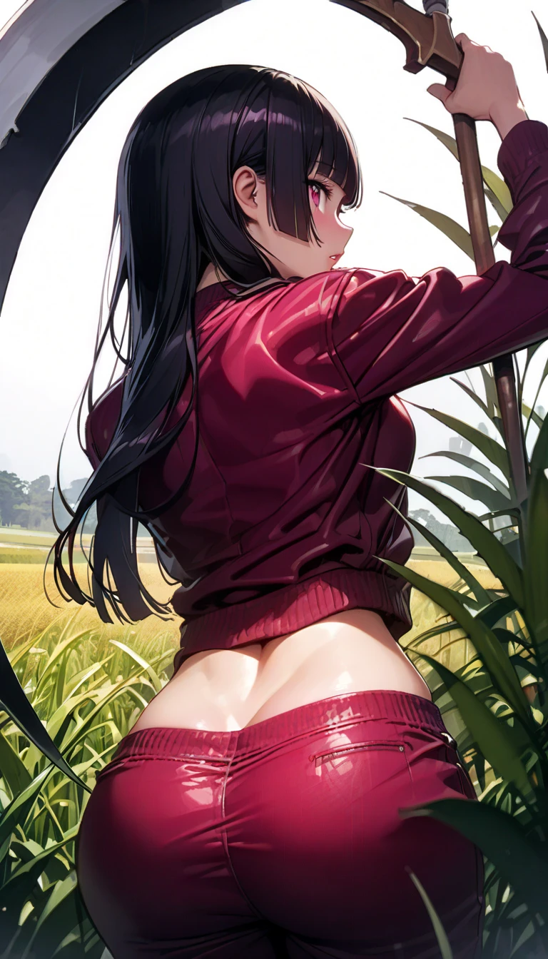 work of art, (pink kimono), alluring face, good lighting, neckleace, fine-details, work of art, glare eyes, 1 girl, Bblack hair, gag, bamboo, nezuko kamado, wisteria background, work of art, best qualityer, ass ass pov, all-body, Broad Hips, NSFW, Skir is located, skirt raised, ass pov, raised thong panties,