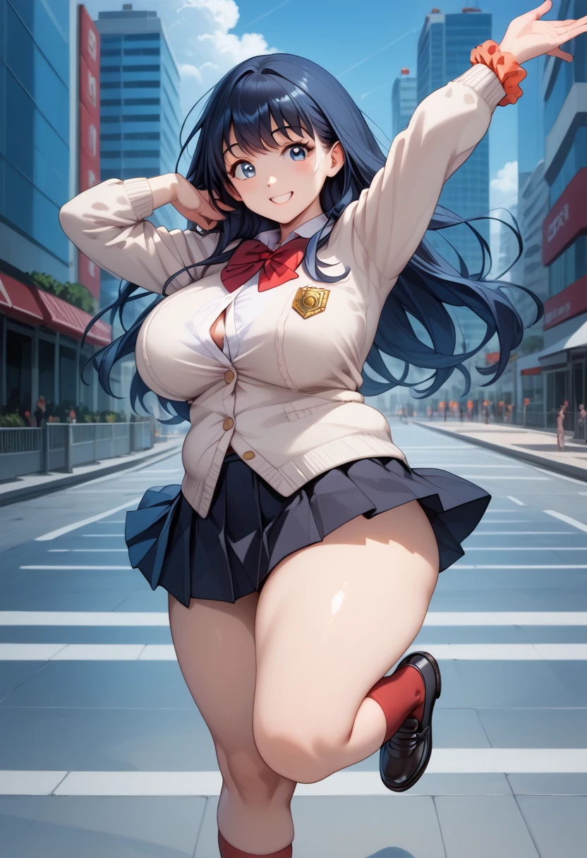 (masterpiece, best quality, highly detailed), 1girls, big belly, huge belly, art by kipteitei, round belly, chubby, curvy, belly grab, enormous belly, fat belly, thicc, bigger belly, really big belly, jiggly belly, glasses, unzipped jacket, (no shirt), bra, thight shorts, high heels, smug face ((full body)), long hair, dominant, giantess