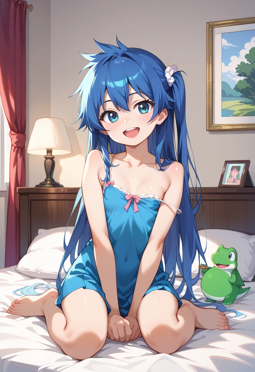 ((top quality)), ((masterpiece)), (be familiar with), completely complete, indoor, bedroom, watching viewers,
One woman, Kazuyoshi Kendo,
open mouth, ecstatic expression, cover, smile,
small , flat chest, Young girl, lori, ren, girl,
long hair, side tail,
opening,