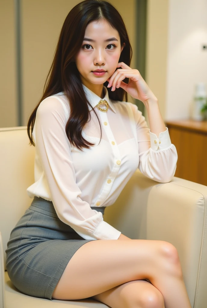 1 girl sitting on an office chair,,(European model:1.3),31 years old,Exquisite,Business women's clothing,(jacket:1.1),(shirt:1.1),(Wrap Dress:1.1),Jewelry,knitwear,stocking,black,Goosebumps,goose,(Honesty:1.3),Filigree,quality,(masterpiece:1.2),(Honesty:1.2),(Best quality),(Skin detailed:1.3),(Intricate details),drama,Ray Tracing,Light Solution,Bathed in shadows,Visual novel,Boss's office in a skyscraper,Windows with city views,Film Grain,Depth of Field