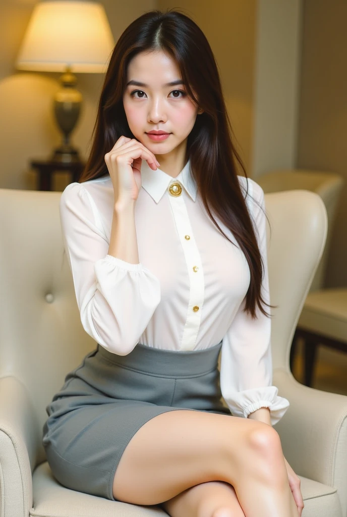 (RAW Photos), (Realistic), (masterpiece), (highest quality), High resolution, 8k, (Intricate details), (Volumetric Light), Portraiture, woman, Age 25, Medium Hair, Straight hair, Mid-chest, Layered Hair, Brown Hair, Very beautiful eyes, Source order, Very thin eyebrows, Very fine skin, Very beautiful mouth, Very nice nose, Cute like an idol, smile, (Thick lips), (Looking at the audience), (See-through pearl white collar dress shirt), Above the knee shot