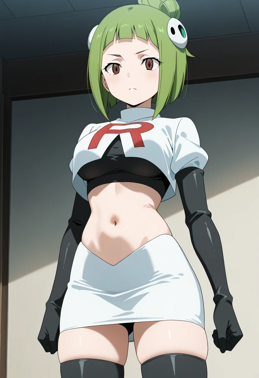 brandish, 1girl, solo, looking at viewer, white background, upper body, anime coloring, , thighs, nude, navel, legs, nipples, scared, angry, looking up,