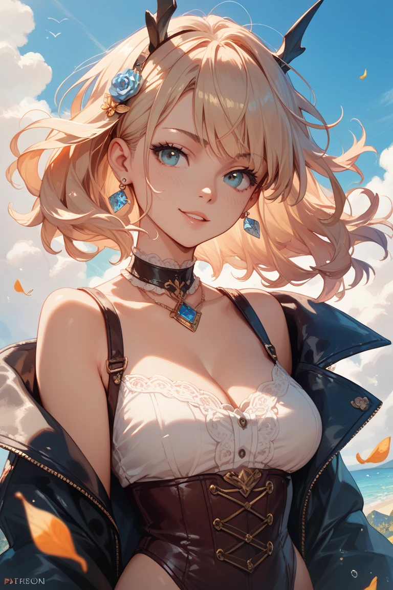 Masterpiece, Maximize highest quality:1.5, Maximum hyper beautiful anime style digital illustrations:1.5, Hyper high power resolution, UHD, 16K, 1080p, Ultra hyper clear details, Smooth, soft and clearly and hyper beautiful hair texture:1.5, Hyper beautiful detailed eyes texture:1.5, Amazing dynamic movement:1.5, Beautiful backgrounds with depth of field, Hyper beautiful natural light, Rule of thirds, Maximize every effect and present it in the ultimate quality, 1woman, cool beauty, 25years old, sexy face at beautiful and sharp , elegant mature woman, Ultimate perfect body style, beautiful green eyes, shiny blonde hair, short hair, Shag cut, (eyes visible through hair:1.3), glossy very thick lips, pink lipstick, smile:1.5, A stunning woman in a vibrant blue denim dress, with intricate lace detailing, a plunging neckline, and a high-low hem, posing confidently on a sunlit beach, with waves crashing in the background, and seagulls flying overhead,