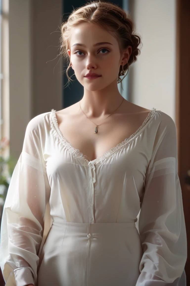 Kate Winslet with her hair up dressed in cotton clothes with a sexy smile.