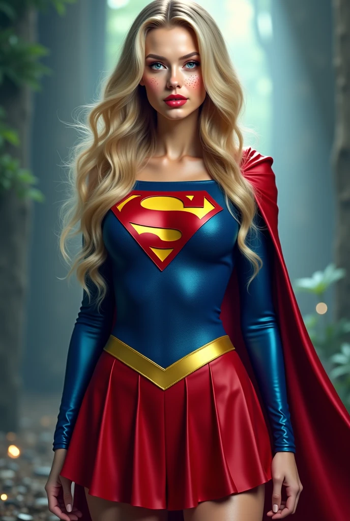 A SEXY AND BUSTY 17 YEAR OLD YOUNG TEEN GIRL WITH BLONDE HAIR DONE UP NICLEY, AND DAZLING BLUE SAPHIRE EYES, WEARING A SPANDEX 1984 BLUE SUPERGIRL COSTUME COMEPLETE WITH A LONG READ PLEATED SKIRT WITH A YELLOW SUPERGIRL BELT, A PAIR OF RED HEELED BOOTS WITH YELLOW TRIM, AND A LONG FLOWING RED CAPE WITH THE GOLD "S" EMBLEM. RED LIPSTICK, RED FINGERNAILS. INCREDIBLY DETAILED GLOWING SKIN, INCREDIBLEY DETAILED FACE, INCREDIDBLEY DETAILED CLOTHING, TEXTURED SKIN PORES, TEXTURED HAIR, 8K ABSURD RESOLUTION, MASTERPIECE. PHOTO REALSITIC, HYPER REALISTIC. MYSTICAL BACKGROUND. 16K RESOLUTION. PREFESSIONAL GRADE IMAGE.