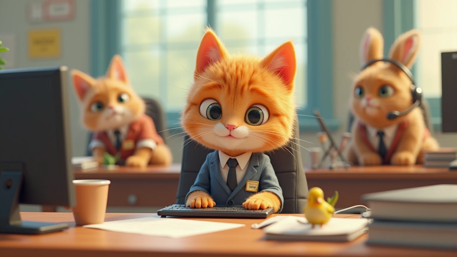 Create a playful and charming animation featuring an orange cat dressed as a busy office worker. The cat, with bright orange fur and expressive eyes, is seen wearing a tiny suit and tie, complete with a name badge and a small briefcase. The scene takes place in a bustling office environment, with the cat sitting at a miniature desk, typing away on a tiny keyboard, and answering calls on a mini phone. The cat's colleagues, also dressed in professional attire, are other animals like a dog in a vest, a  with a headset, and a bird perched on a filing cabinet. The animation captures the cat's daily routine, from attending meetings (with tiny chairs and tables) to taking a coffee break with a mini mug. The overall mood is lighthearted and whimsical, highlighting the humor and cuteness of a cat navigating the human work world.