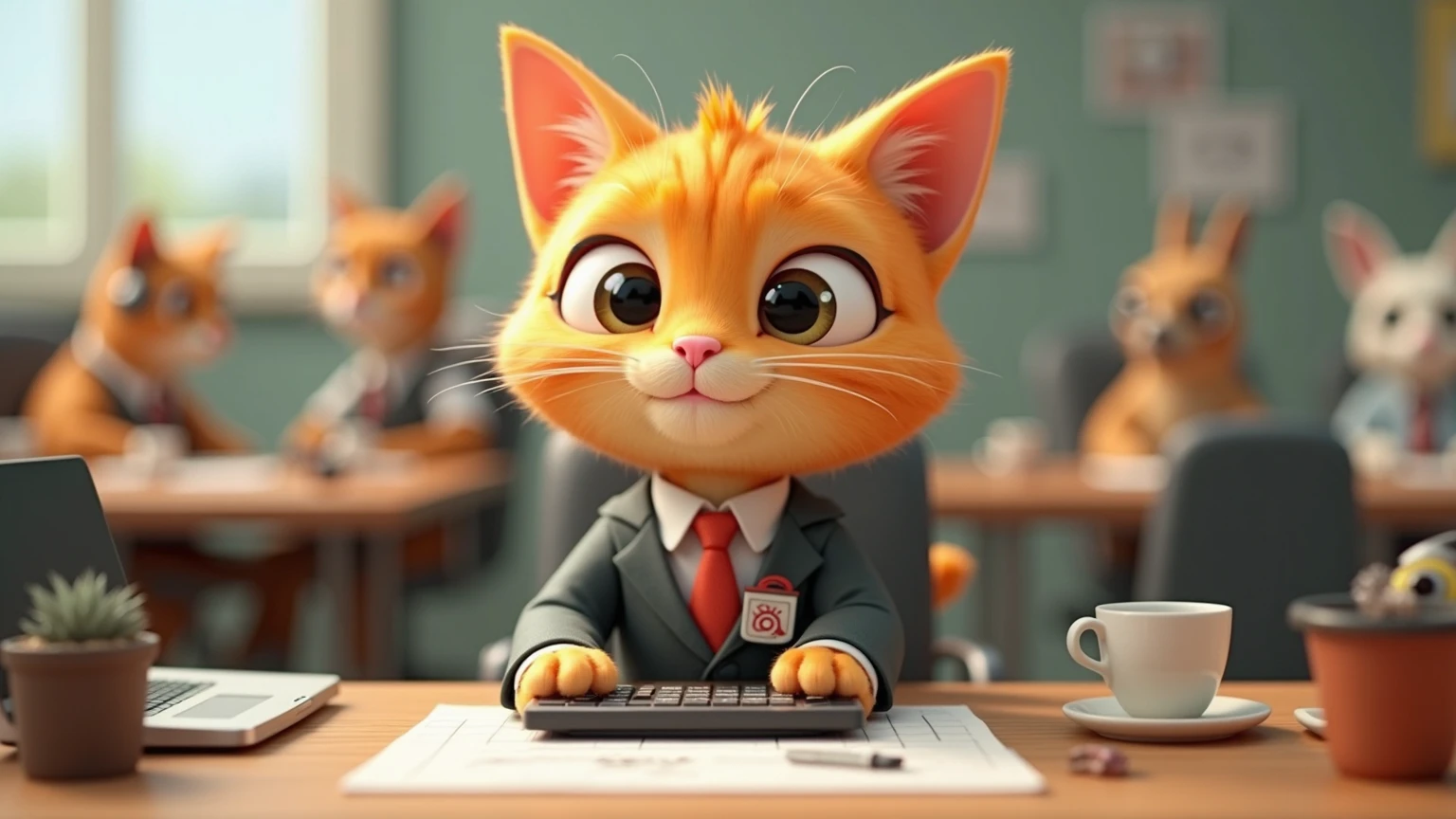 Create a playful and charming animation featuring an orange cat dressed as a busy office worker. The cat, with bright orange fur and expressive eyes, is seen wearing a tiny suit and tie, complete with a name badge and a small briefcase. The scene takes place in a bustling office environment, with the cat sitting at a miniature desk, typing away on a tiny keyboard, and answering calls on a mini phone. The cat's colleagues, also dressed in professional attire, are other animals like a dog in a vest, a  with a headset, and a bird perched on a filing cabinet. The animation captures the cat's daily routine, from attending meetings (with tiny chairs and tables) to taking a coffee break with a mini mug. The overall mood is lighthearted and whimsical, highlighting the humor and cuteness of a cat navigating the human work world.
