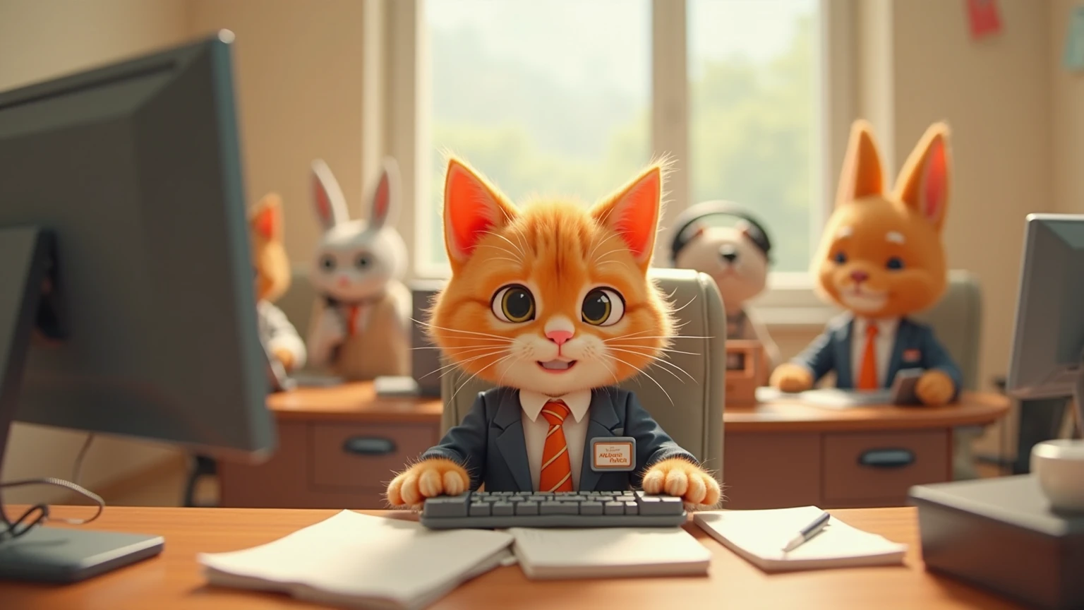 Create a playful and charming animation featuring an orange cat dressed as a busy office worker. The cat, with bright orange fur and expressive eyes, is seen wearing a tiny suit and tie, complete with a name badge and a small briefcase. The scene takes place in a bustling office environment, with the cat sitting at a miniature desk, typing away on a tiny keyboard, and answering calls on a mini phone. The cat's colleagues, also dressed in professional attire, are other animals like a dog in a vest, a  with a headset, and a bird perched on a filing cabinet. The animation captures the cat's daily routine, from attending meetings (with tiny chairs and tables) to taking a coffee break with a mini mug. The overall mood is lighthearted and whimsical, highlighting the humor and cuteness of a cat navigating the human work world.