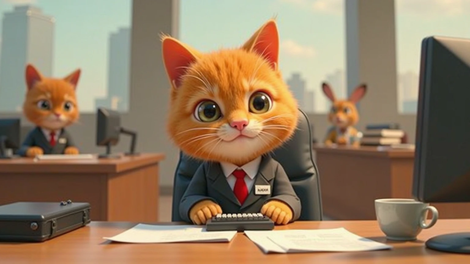 Create a playful and charming animation featuring an orange cat dressed as a busy office worker. The cat, with bright orange fur and expressive eyes, is seen wearing a tiny suit and tie, complete with a name badge and a small briefcase. The scene takes place in a bustling office environment, with the cat sitting at a miniature desk, typing away on a tiny keyboard, and answering calls on a mini phone. The cat's colleagues, also dressed in professional attire, are other animals like a dog in a vest, a  with a headset, and a bird perched on a filing cabinet. The animation captures the cat's daily routine, from attending meetings (with tiny chairs and tables) to taking a coffee break with a mini mug. The overall mood is lighthearted and whimsical, highlighting the humor and cuteness of a cat navigating the human work world.