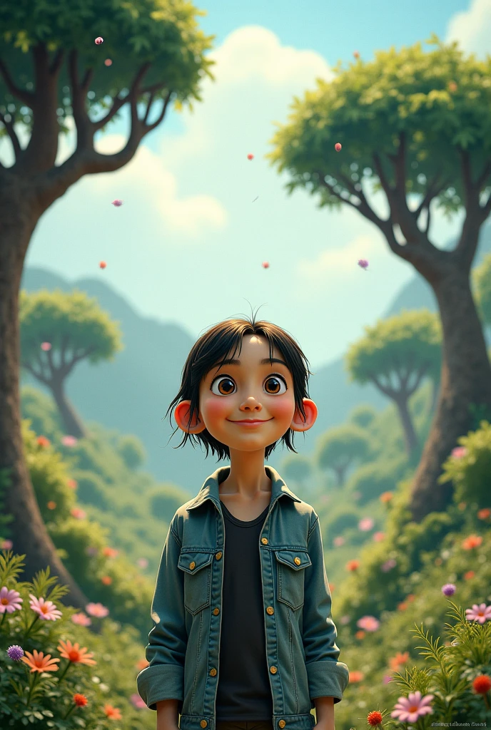 Make an image of a 10 year old Indian girl wearing jeans and shirt (Without short clothes) with background of the nature 