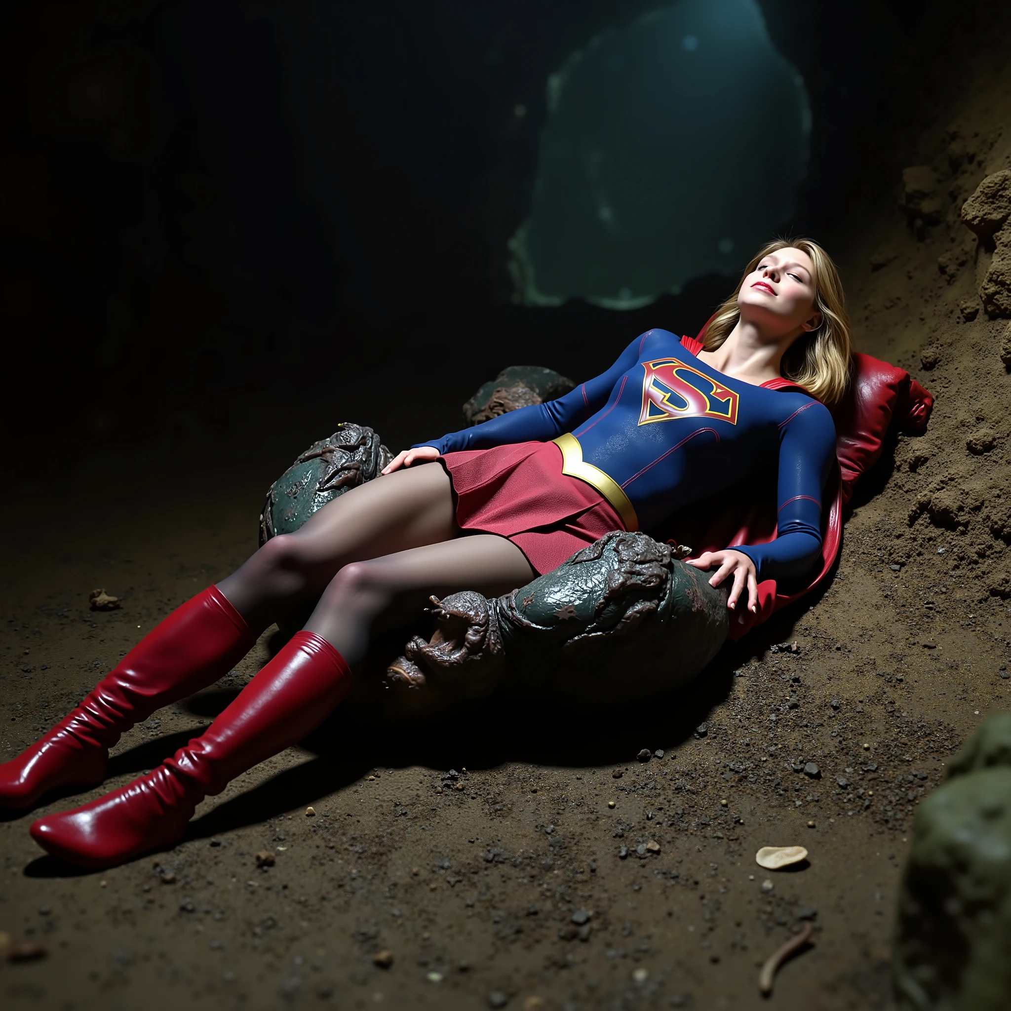 Supergirl is lying flat on the dirt, very bright white skin, her legs are wrapped around by a monster body, can see whole body, She is wearing a thin black pantyhose, very short red skirt, flipped up skirt, red knee height long boots, blonde hair, unconsciousness, eyes close, painful face, Another fierce monster is crawling over Supergirl body and between her legs, photorealistic, hyperrealism, night time, underground cave,