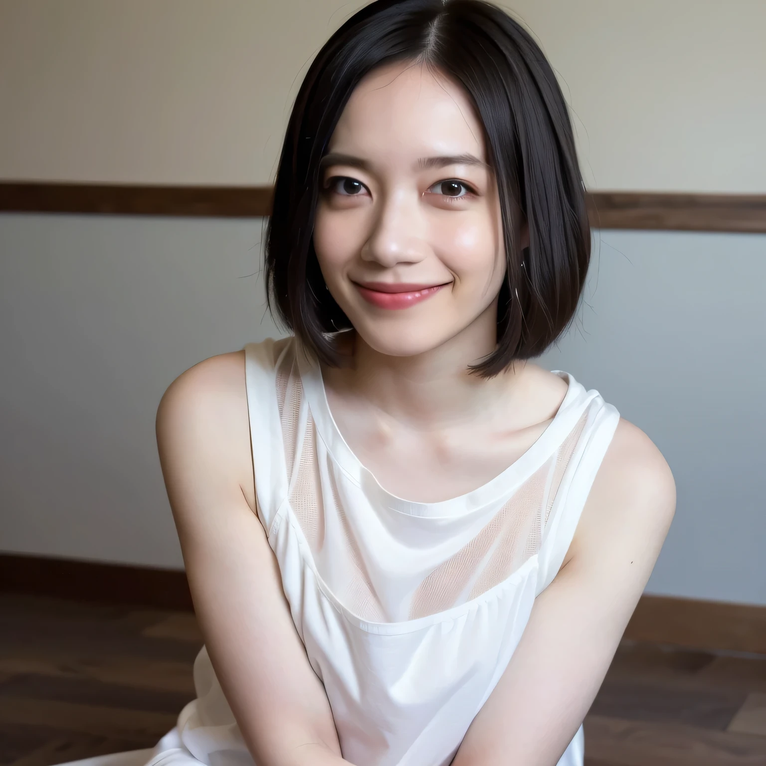 A young person sits on the polished wooden floor of a brightly lit gymnasium, knees drawn to their chest with arms wrapped around their legs. White panties are visible. Soft light from tall windows reflects off the glossy floor, creating gentle patterns. Their relaxed posture suggests quiet contemplation as they gaze at the open space ahead. The gym walls, marked with faded sports lines and scattered equipment, frame the serene atmosphere.A 20-year-old woman smiles gently, friendly. (RAW photos, top quality), (realistic, photo-realistic:1.4), masterpiece, extremely delicate and beautiful, highly detailed, 2k wallpaper, ultra-detailed CG unity 8k wallpaper, ultra detail, high res, soft light, beautifully detailed girl looking back, extremely detailed eyes and face, beautifully detailed nose, cinematic lighting, perfect anatomy, slender body. Dark hair, bob haircut, dark eyes.
 