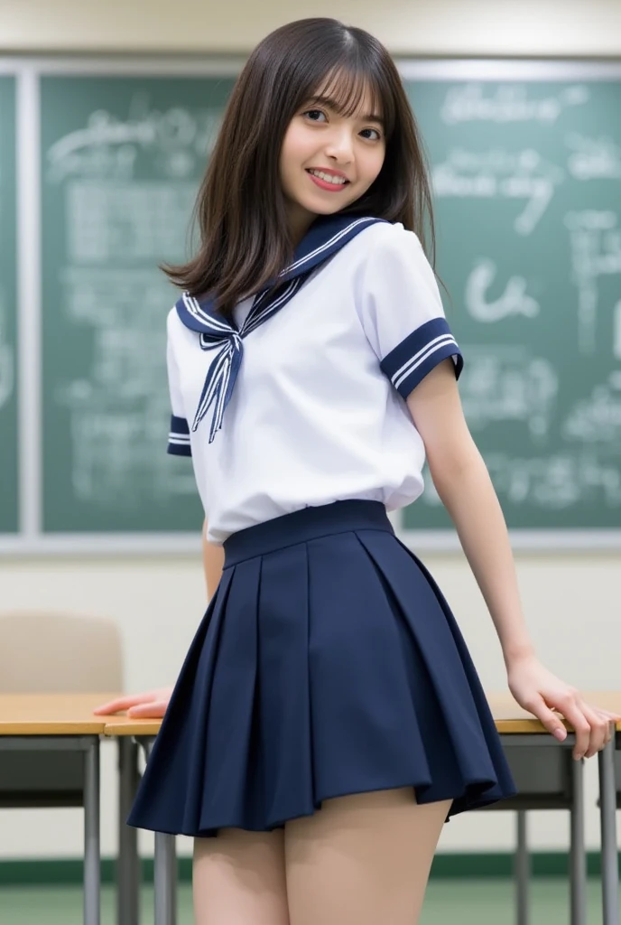 (((Japanese female elementary school student)))() ((((9-year-old girlole body写真 Full Shot Medium Short Hair A low ponytail whole body Thighs Private elementary school uniform Summer clothes Short sleeve ((濡れてSee-throughる))See-through short skirt cute (smile) Elementary school classroom (((See-through))) Shot from between the legs Spread your legs Spread your legs Raise your arms up Through the gap(Panties)I can see