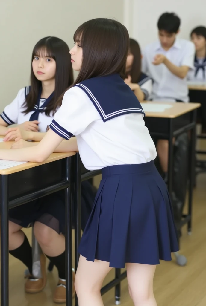(masterpiece, Highest quality:1.2), 8K, Young and beautiful girl, 85mm,Official AR RAW Photos, Baby Face、Big in clothes 、Show me your ears、photo shoot, Cute face, Thighs, Classroom after school, Observe the audience, Embarrassing、smile、 makeup, Film Grain, chromatic aberration, Sharp focus, Face Light, Bright lighting, 10 generations, Detailed face, Background blur、((((((16-year-old high school girl))))))、Tight waist、Sailor suit、Navy blue mini skirt、Lift up your skirt with one hand'hand、White tiny panties、Wet、Spread your legs