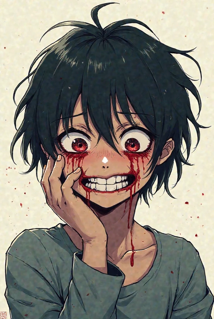 tmasterpiece，Scary scary girl，Black and red color scheme，Eyes all over，crawling on the ground，Crazy smile，red pupils，Wrapped around the eyes，ito junji art，
