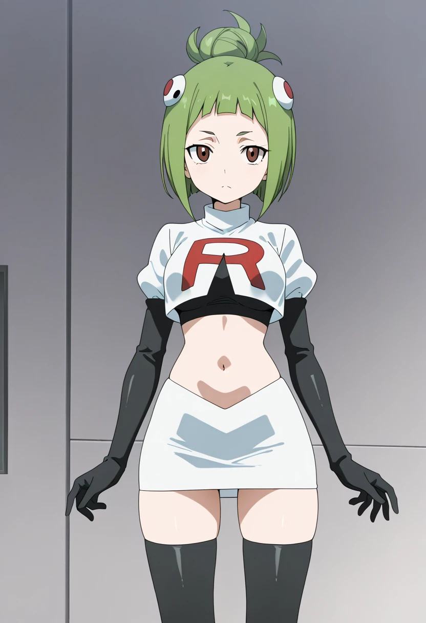 brandish, 1girl, solo, looking at viewer, simple background, cleavage, anime coloring, team rocket,team rocket uniform,white skirt,red letter R,crop top,black thigh-highs,black elbow gloves,