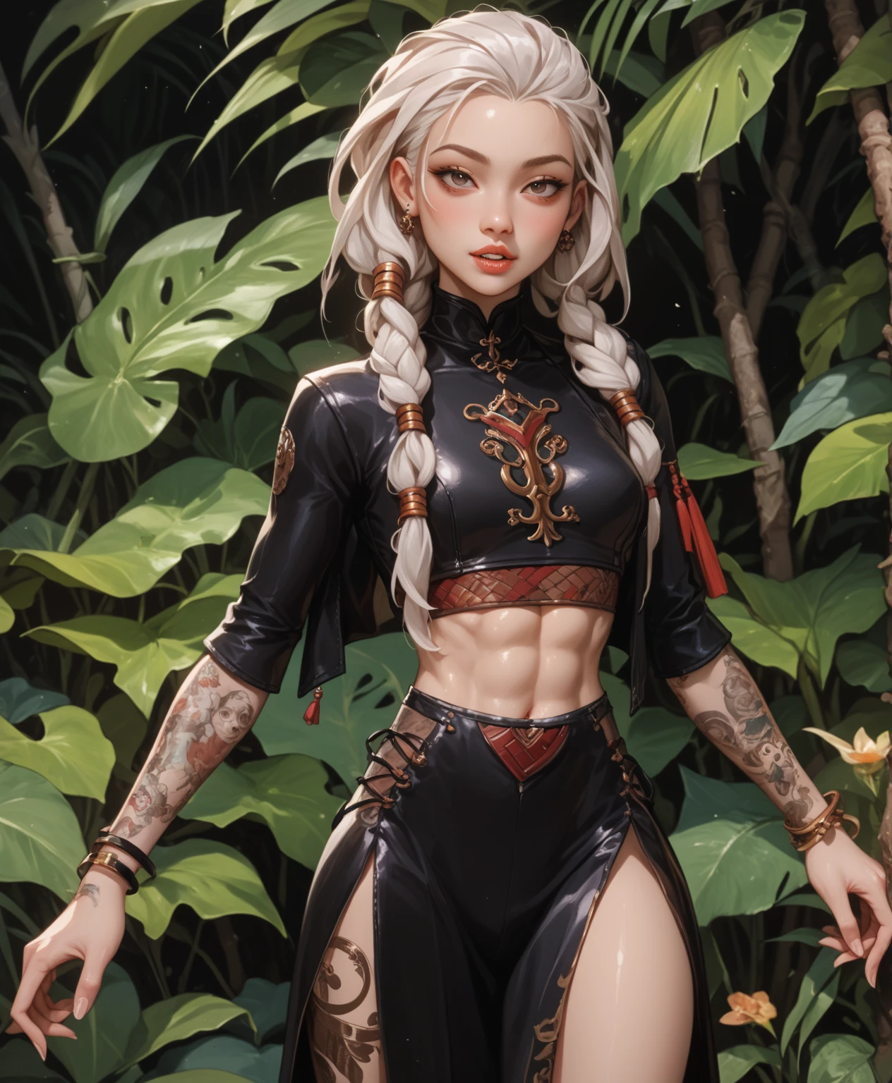 Models, digital illustration, (chef-d'artwork:1.2), high quality, detailed eyes, Extremely beautiful young woman, cheveux courts, streetwear, thick, (abdos:1.2), (Floraison:1.2)