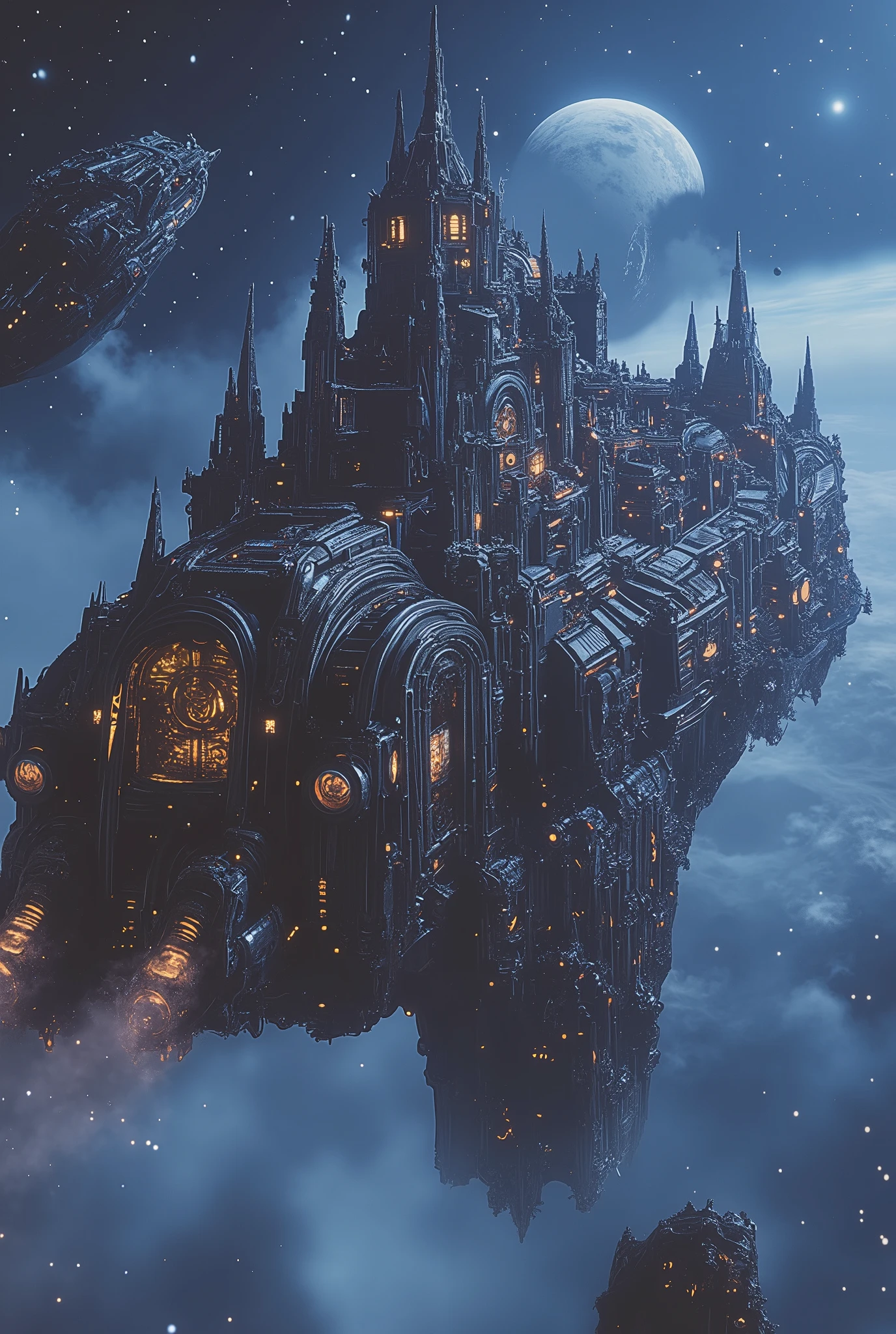 (Masterpiece, ultra-realistic, 32k, best quality, hyper-detailed, cinematic lighting, reversal film photography, film grain, intricate textures, photorealistic, dramatic composition, immersive depth, trending on ArtStation.) A colossal walking fortress, gothic-mechanical engineering and Byzantine cathedral architecture top, flying space cruiser platform, armed with turrets and guns, doóm and towers. Wandering across a empty interstellar cosmic background.