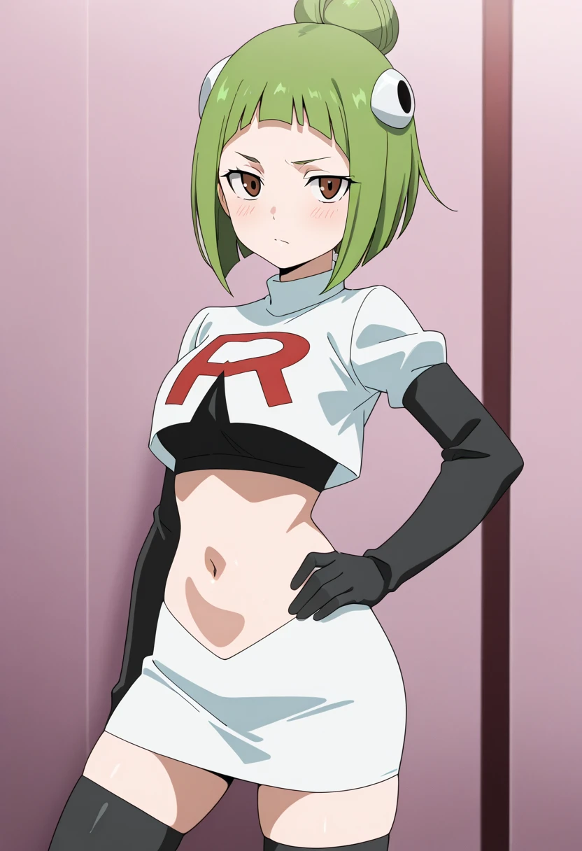 brandish, 1girl, solo, looking at viewer, simple background, cleavage, anime coloring, team rocket,team rocket uniform,white skirt,red letter R,crop top,black thigh-highs,black elbow gloves,