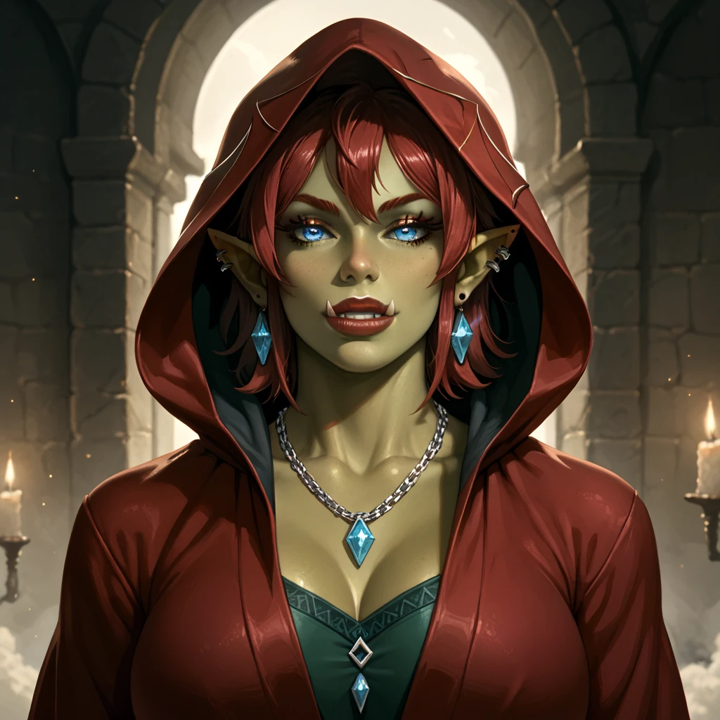 Score_9, looking at screen, adult woman, (only one woman:1,5), orc woman, dark green skin, two ears, pointy ears, only a pair of simple blue diamond shaped earrings, simple blue diamond shaped silver chain necklace, beautiful woman, pretty face, red hair, short hair, hair without accessories, red eyebrows, almond shaped eyes, beautiful eyes, blue eyes, closed mouth, red lips, (only two long teeth:1,5), two elongated front teeth sticking out of the mouth, perfect white teeth, fit body, red toenails, (red witch robe with no designs or details with a hood over a green shirt with no designs or details:1,5), red nails, no background, alone, realistic, high quality, detailed