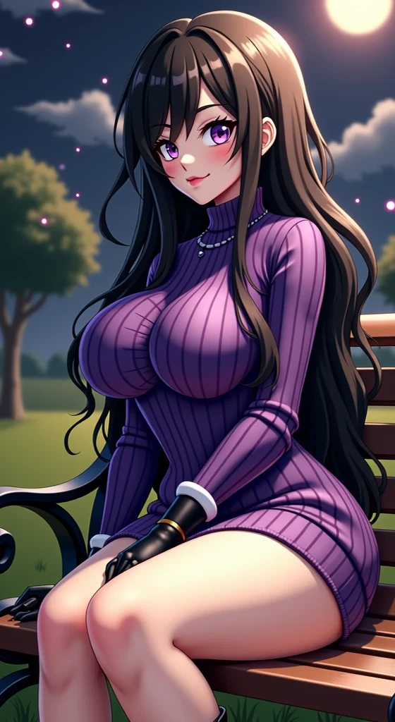 Hex maniac, long black hair, purple eyes, purple sweater dress, black fashionable boots, in park, sitting on park bench, at night