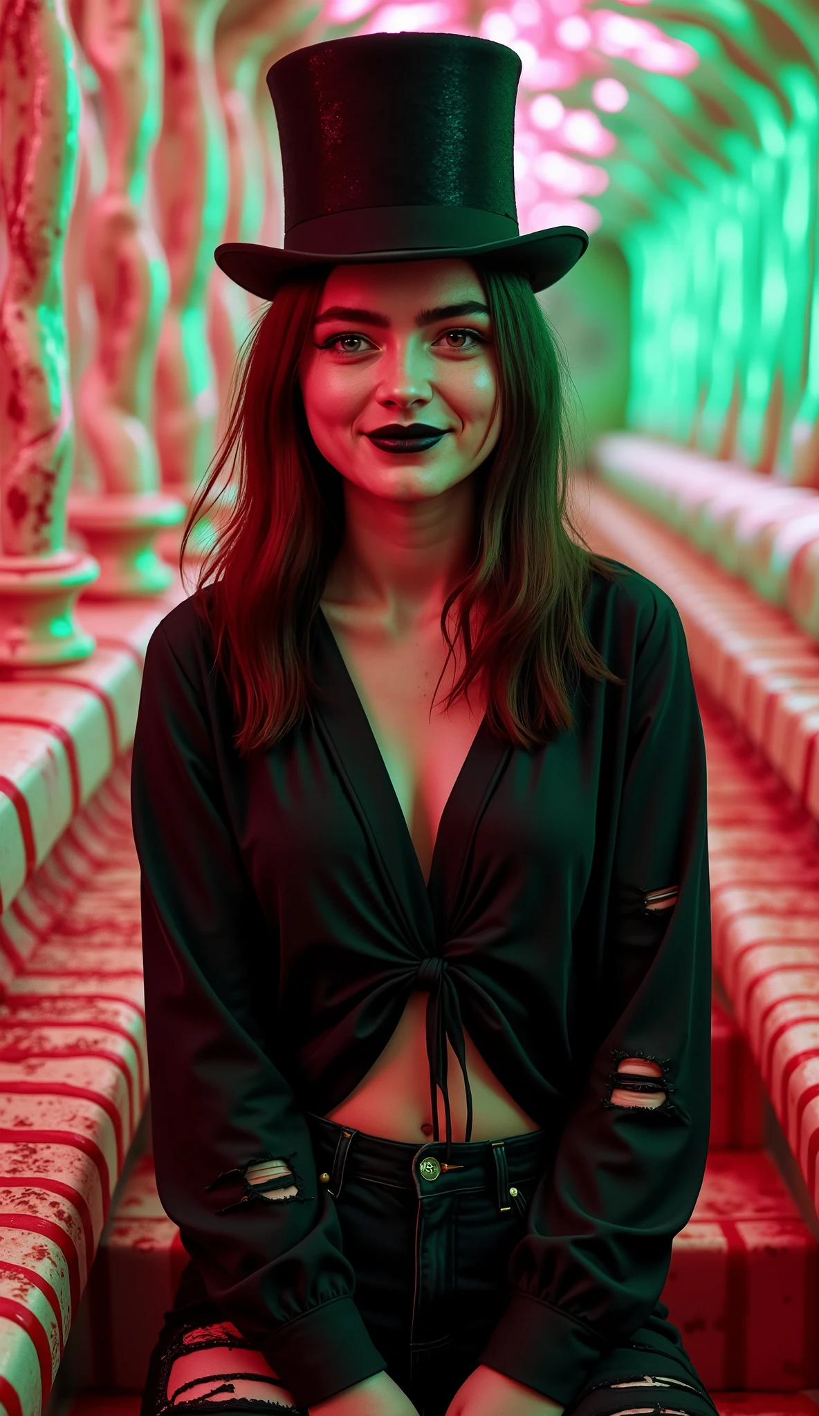 (((mid body picture))), female model in a surreal music video inspired by 'Dope Hat,' (((aboard a sinister candy boat shaped with twisted peppermint railings and cracked gingerbread hull))), floating through a vibrant tunnel; slim pale figure, one white contact lens and one natural eye, heavy black eyeliner smudged chaotically around eyes, matte black lipstick, thin arched black eyebrows drawn sharply, wearing an oversized black long-sleeve shirt with jagged rips across the chest and arms revealing cleveage, tight black pants with frayed patches, a worn black top hat with a dented brim tilted atop her head, hunched posture with erratic twitches, a wide terrifying smile fixed on the viewer, tunnel background bursting with swirling neon colors—lime green, hot pink, electric blue—melted candy stalactites dripping, oversized lollipops oozing red syrup, flickering rainbow lights casting eerie glows, gothic-industrial edge clashing with psychedelic vibrance, hyper-realistic textures, chaotic unpolished aesthetic, cinematic 4K. (((keep the lora natural hairstyle)))