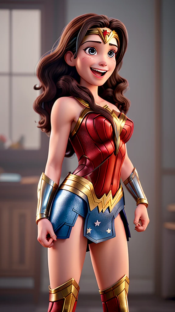Wonder woman, Portrait photography by Altgarm, realism style, Glowing skin, Cartoon hero, Natural light, Defined lips, Strong physical strength, Feminine body, Full body, viewer, (Smile:1.2), Depth of field f/1.8, studio shot, (((looking in camera))), Camera orientation, ellen von unwerth, (Sexy Pose:1.5)