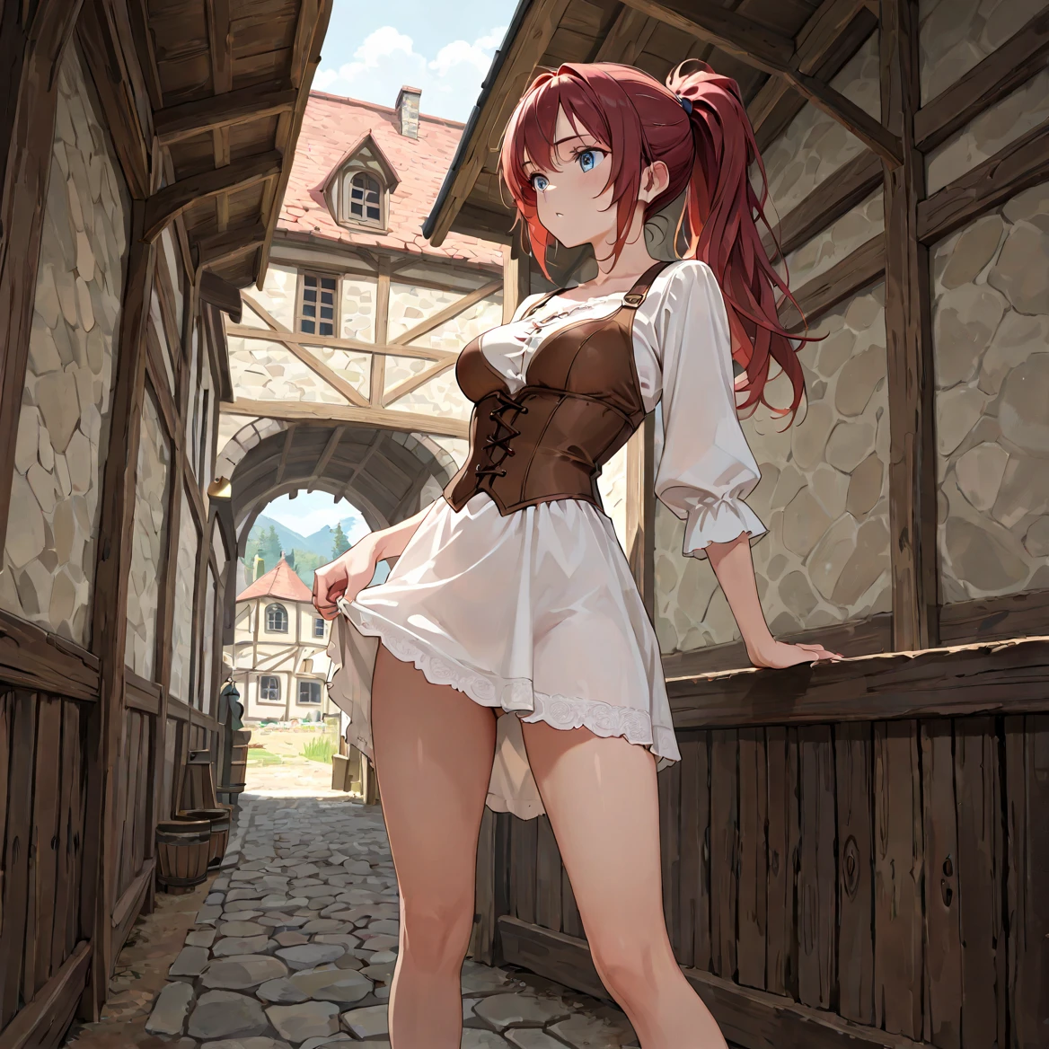 ((masterpiece,Highest quality:1.3)),cowboy shot,1woman,30 year old beauty,独奏,((very small head:1.3)),red hair,long hair,low ponytail,blunt bangs,red eyes,gorgeous eyes,shy,tears,medium breasts,((very long body:1.2)),((toned body,slender body,skinny)),gleaming skin,shiny skin,sweat:1.3,topless,nipples,Iron Gauntlets、navel、(incontinence、peeing),(Red mini skirt、Leather knee-high boots)、squatting,Alley、Medieval European cityscape、city、