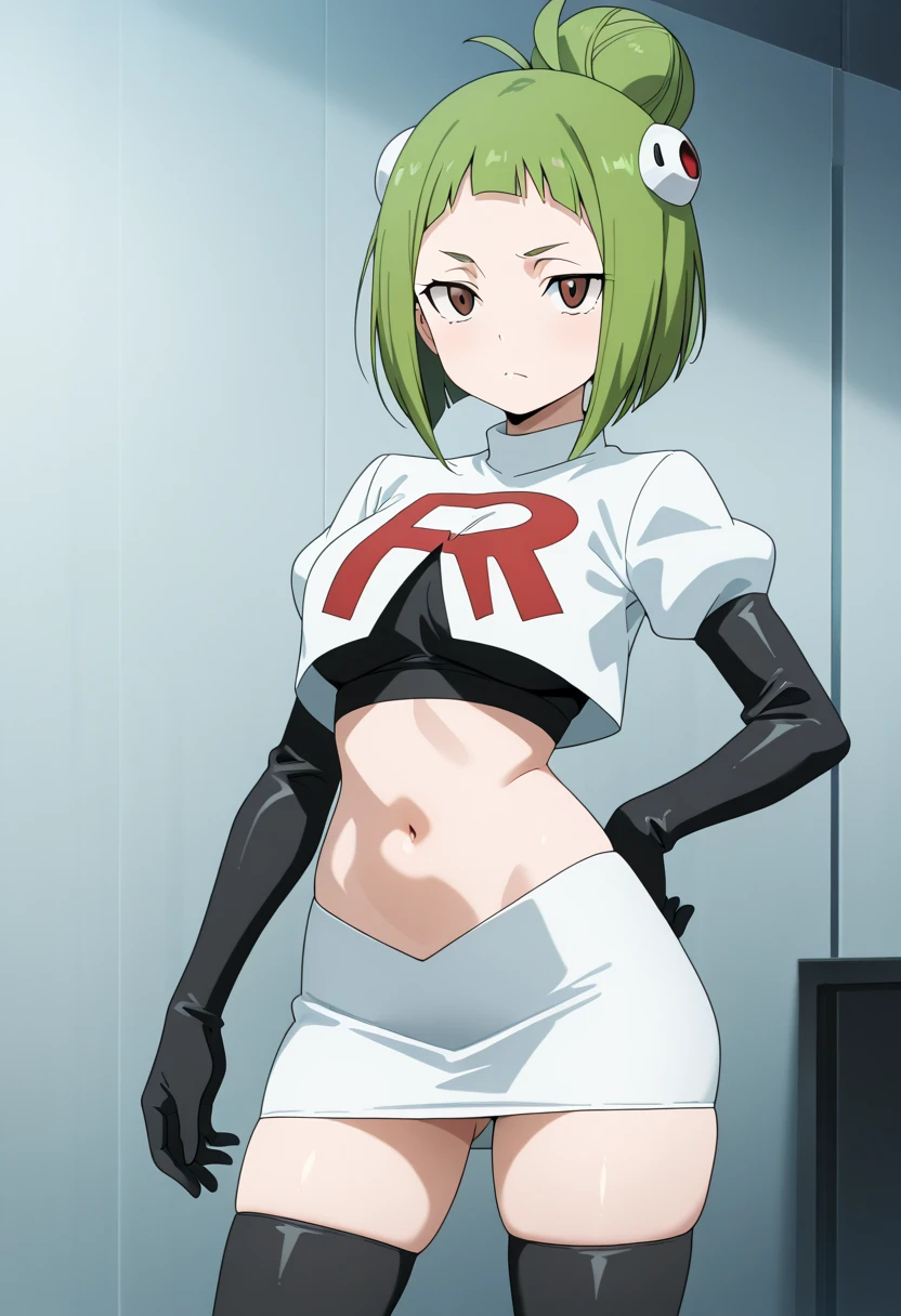 brandish, 1girl, solo, looking at viewer, simple background, cleavage, anime coloring, team rocket,team rocket uniform,white skirt,red letter R,crop top,black thigh-highs,black elbow gloves, 