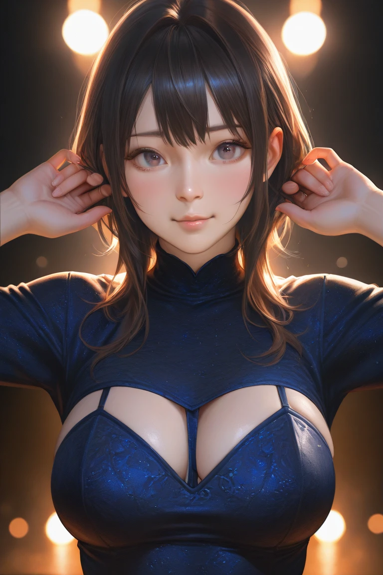 masterpiece, top quality, super detailed, high resolution, (realistic, photorealistic:1.37), excellent anatomy, beautiful 1 woman, 8k, super adopted, ultra-fine illustrations, active pause, dynamic angle, indoor, shiny, bright, rim light, alone, perfect female body, big hair, fluffy hair, air van, long bangs between the eyes, round face, blue eyes, smile, open your mouth, medium sized, well-proportioned chest, full body, tight mini Chinese dress, best light, best shadow, mysterious, perfect face, highly detailed,