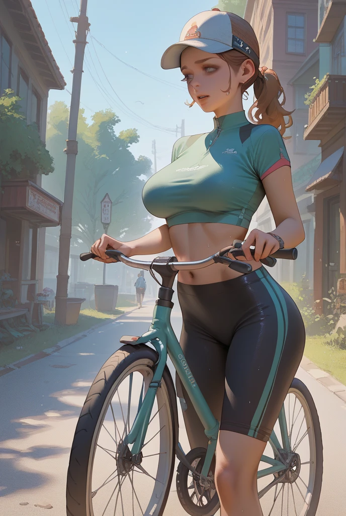 A stunningly confident young woman with striking features sits atop a vintage bike, exuding an aura of urban coolness. Her attire, consisting of vibrant, printed underwear, effortlessly accentuates her curvaceous hips. The setting sun casts a warm glow on the scene, creating a dramatic ambiance in the city streets. This vividly captured moment, rich in details and vibrant colors, could easily be the subject of a captivating and high-quality photograph.
