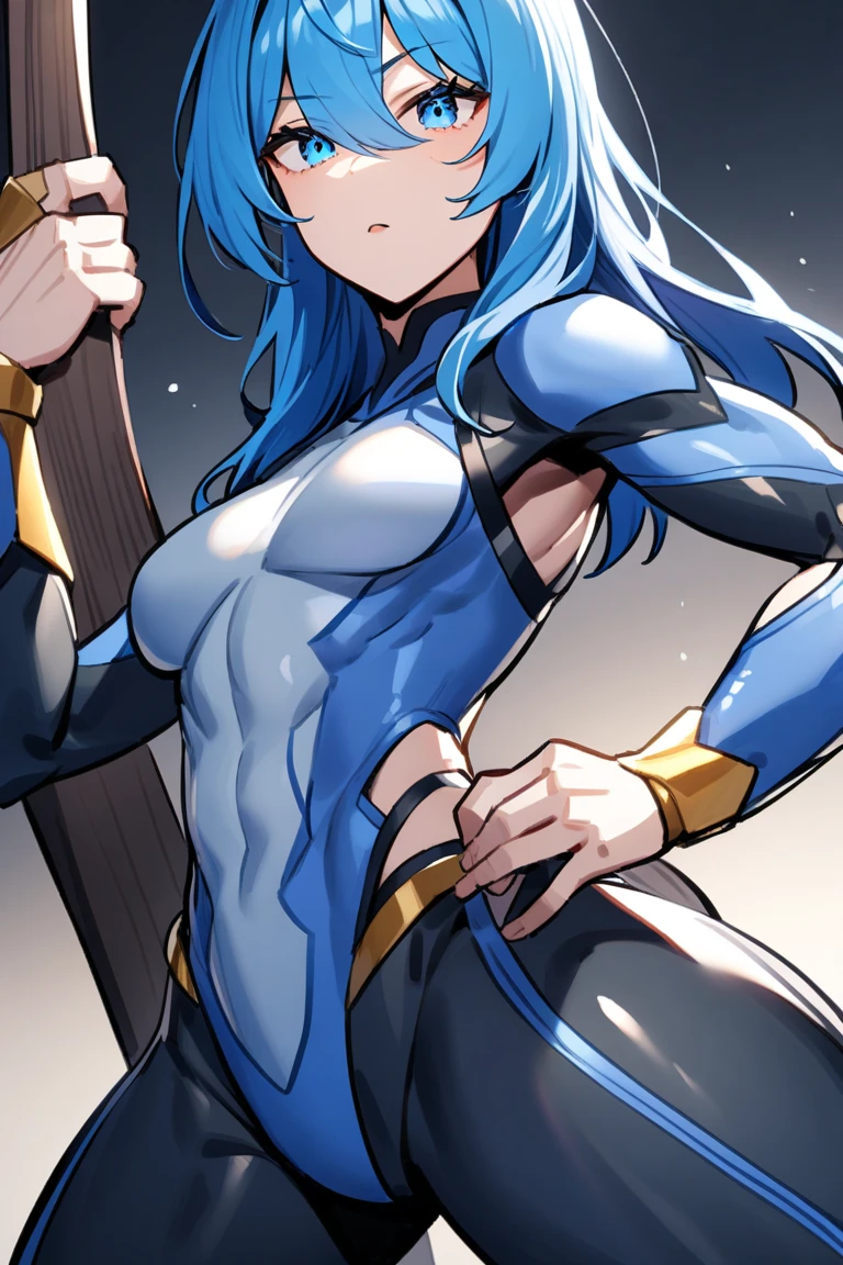 Orelhas de raposa Fenneko, cabelo azul ciano, grande cauda azul, playful smile, olhos azuis, cara, action stance, wearing a leather jumpsuit and medieval pants
