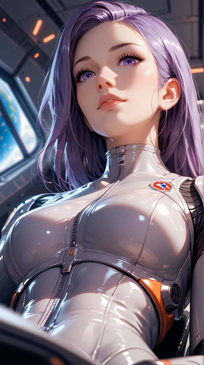 ((Masterpiece)), best quality, absurderes, ultra detailed, holographic, cowboy shot, dynamic pose, golden ratio, super cute girl, mature girl, extremely beautiful, super beautiful asian girl with super beautiful violet eyes, super beautiful white hair, shiny skin, high ponytail, nice and sexy body, slim and delicate body, perfect body, wearing a super tight printed white crop top, kawaii panties, fox headset, being photographed in a kawaii alien spaceship