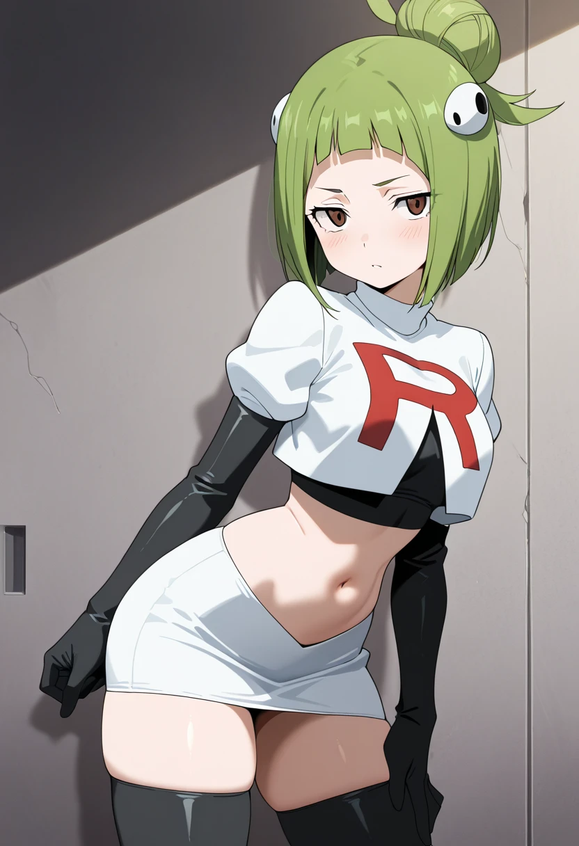 brandish, 1girl, solo, looking at viewer, simple background, cleavage, anime coloring, team rocket,team rocket uniform,white skirt,red letter R,crop top,black thigh-highs,black elbow gloves,